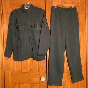 NWOT Vintage Bonnie Evans Fleece Embroidered Top Cardigan Pant Set Size L